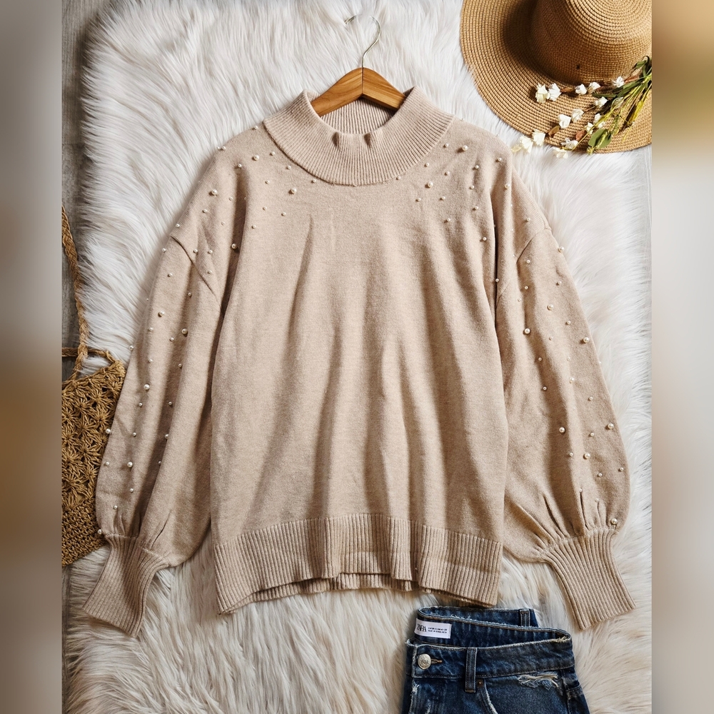 Beige Pearl-Accent Women’s Sweater